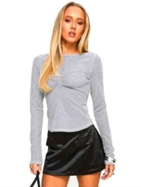 US4🩶Princess Polly Crystal Clear Silver Long Sleeve Top Mesh
